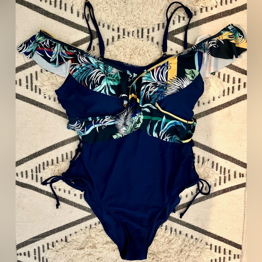 NWOT Swimsuit XOXO 1 PC Navy Tropical Print Ruffle Trim Off Shoulder Mallot L - Picture 3 of 11